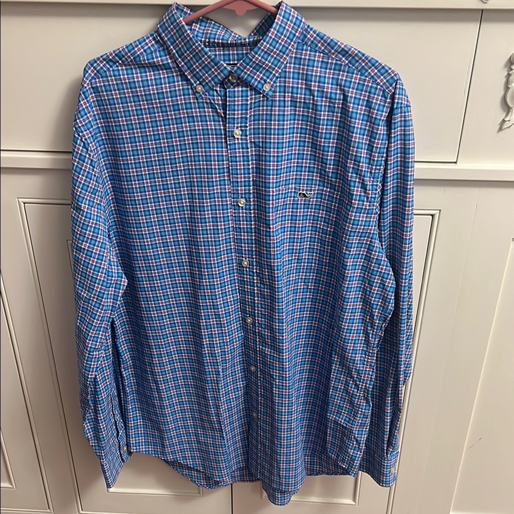 Vineyard Vines Casual Blue and Red Plaid Shirt